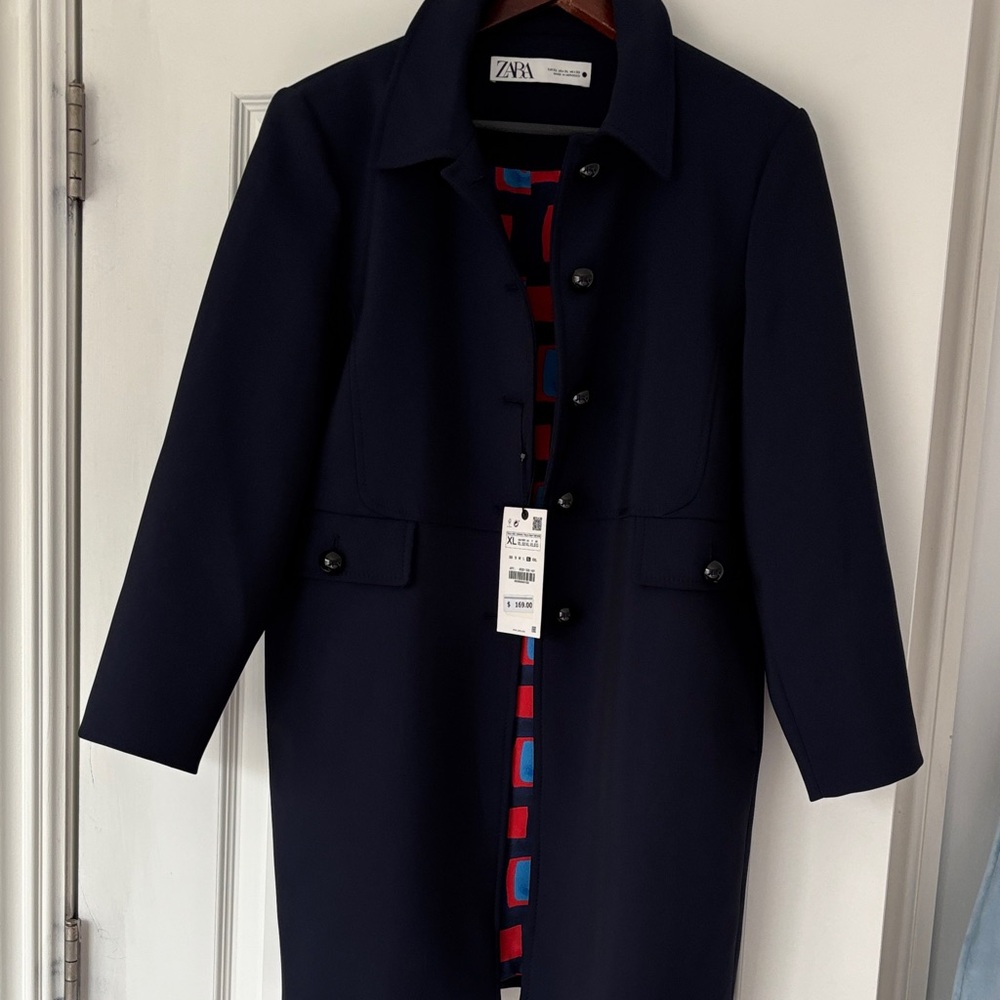 ZARA Navy Blue Polyester Car Coat